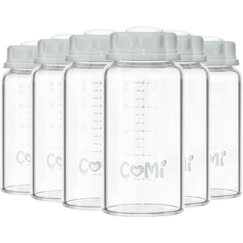 COMI Natural Glass Baby Bottle,Standard Neck Breastmilk Storage Bottle for Fridge,Breast Milk Container,Breast Pump Bottle Compatible with Medela Breast Pump,BPA Free,6PCS (5oz,6 Gray Lids)