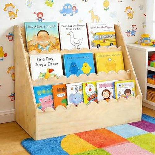 3-Tier Wooden Kids Bookshelf with Deep Storage Pockets | Montessori Bookcase for Toddlers,Nursery&Bedroom | Kids Book Storage & Toy Organizer for Children's Room (Large)