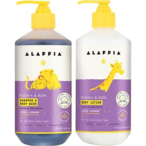 Alaffia Babies and Kids Shampoo & Body Wash (16oz) and Body Lotion (16oz) - Gentle Everyday Bath Essentials for Delicate Skin/Hair- Paraben & Sulfate Free - Natural Plant-Based Lemon Lavender Scent