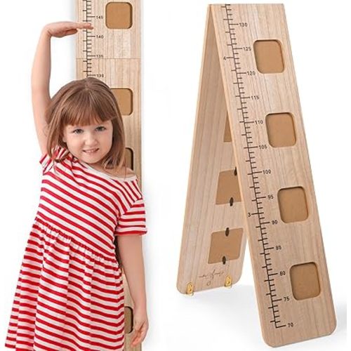 Wooden Growth Chart for Wall - Foldable Height Chart for Kids with Picture Slots - Milestone Tracker Measuring Board with Mounting Hooks - Easy Installation, Smooth Finish, Neutral Color