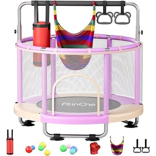 55" Toddler Mini Trampoline for Kids, Indoor Outdoor Toys with Swing, 440lbs Baby Kids Trampoline, Gymnastics Bar, Birthday Gifts for Boy Girl Age 1-8
