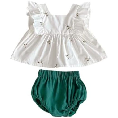 Baby Girl Summer White Embroidered Ruffle Sleeveless Top and Green Bloomers Set