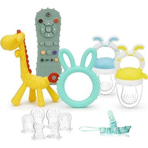 WAJIAYON Baby Teething Toys for Babies 3-6 Months Set of 12,Baby Toys 6 to 12 Months,2 Baby Fruit Feeders for Baby Teether Relief Soothing Sore Gums Chew Infant Toys, Freezer BPA Free