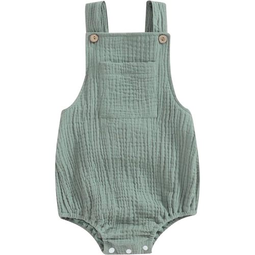 Sasaerucure Baby Cotton Linen Overalls Solid Color Sleeveless Square Neck Backless Romper for Boys Girls - Green - 0-3 Months