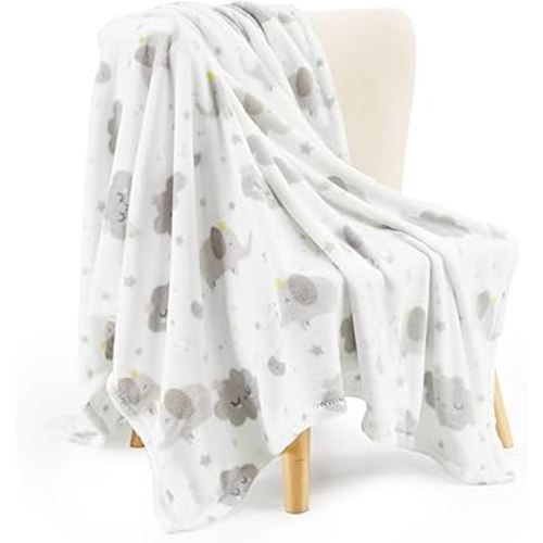 TILLYOU Toddler Flannel Blanket - Warm Cozy Baby Blanket for Boys and Girls, Smooth Cute Lightweight Blanket for Bedding Crib Stroller, 40×50 inches, Grey Cloud & Elephant
