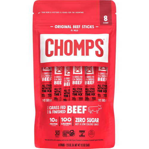 Chomps Original Beef Jerky Sticks, 8 Count, 1.15oz, Zero Sugar, High Protein, Grass Fed, Soy Free, Resealable Bag