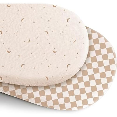 Konssy 2 Pack Muslin Bassinet Sheets for Baby Boy, 100% Cotton Soft Breathable Bassinet Mattress Sheets Fit for Hourglass Oval Cradle Rectangle Mattress (Coffee Check,Moon)