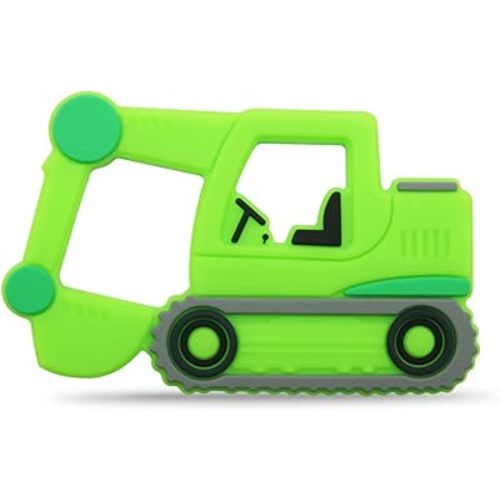 Car Series Baby Teething Toys,Food Grade Silicone Chew Teether for 3 Months+ Infant Boy and Girl,Toddler Sensory Chewing Teether,BPA Free. (Excavator, Green)