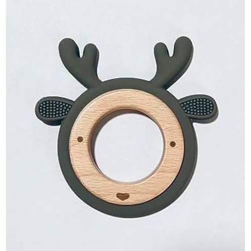 LogiBear Animal Baby Teether Ring for 6+ Months, Non-Toxic BPA Free Food Grade Silicone and Beech Wood, Baby Tested for Easy Grip and Soothing Teething Pain (Deer, Sage)