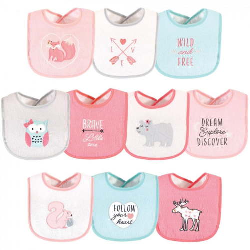 Hudson Baby Infant Girl Cotton Terry Drooler Bibs with Fiber Filling, Girl Woodland, One Size