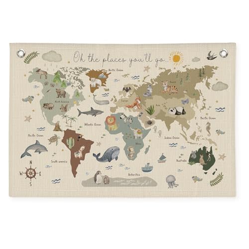Wheatwin Playroom Decor, World Map Banner for Kids, World Maps for Wall, World Map Cute Animal Tapestry Wall Hanging Banner Flag Decor for Kids Room Classroom Nursery Homeschool 20x30 (Updated)