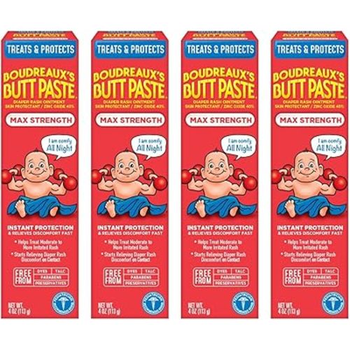 Boudreaux's Butt Paste Maximum Strength Diaper Rash Cream, Ointment for Baby, 4 oz Tube (Pack of 4)