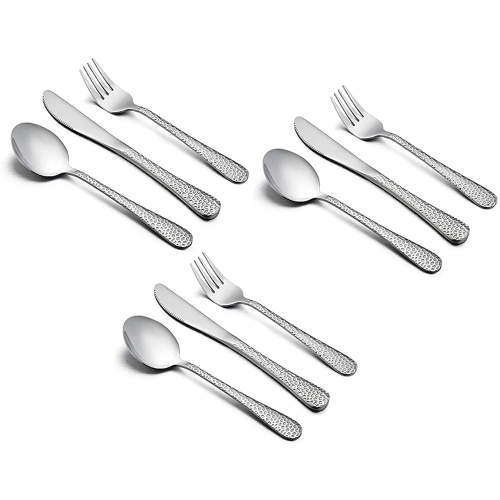 VeSteel 9-Piece Kids Silverware Set, Hammered Stainless Steel Flatware, 6-Inch Utensils