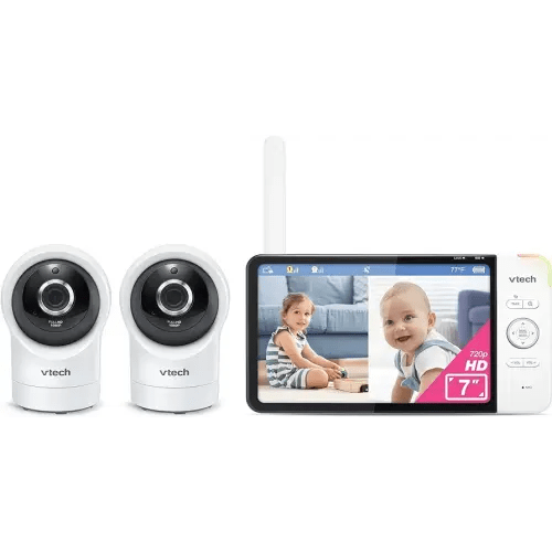 VTech RM7764-2HD 1080p Smart WiFi Acceso remoto 2 cámaras BabyMonitor, panorámica e inclinación de 360°, zoom 10X, pantalla HD 720p de 7 pulgadas y visión nocturna, sonidos relajantes, conversación de