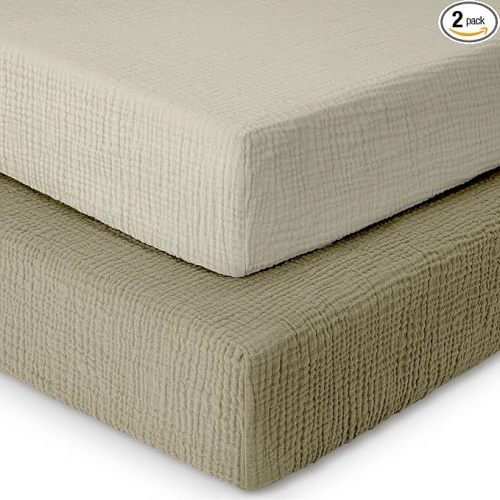 Dreamology Standard Crib Sheets, Muslin Crib Sheets, 2 Pack,100% Cotton Crib Sheet for Boys,Girls, Muslin Crib Sheet for Standard Crib, 52x28 Crib Mattress Sheets | Olive and Ecru