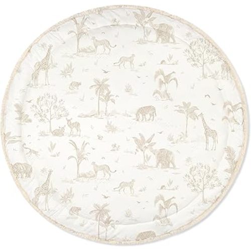 MakeMake Organics Organic Play Mat GOTS Certified Organic Cotton Nursery Floor Rug Washable Reversible Non Toxic Activity Mat Tummy Time Crawling Pad Thick Quilted (Round 48", Safari)