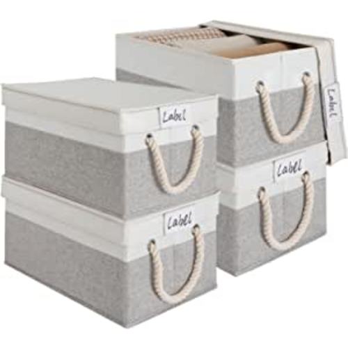 Amazon.com - LoforHoney Home Fabric Storage Bins with Lids for Organizing, Foldable Storage Boxes with Lids for Shelves, Clothes Baskets with Cotton Rope Handles, Closet Storage Bins, Large, Beige & Gray, 4-Pack -
