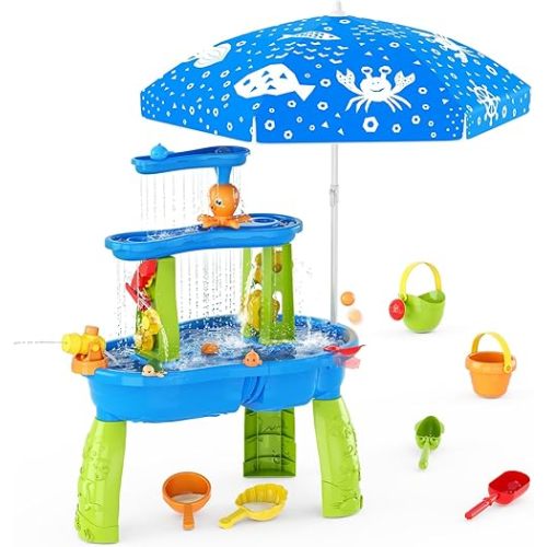 Water Table for Toddlers 3-5, 3-Tier Kids Splash Sand Table Water Toys with Umbrella, Rain Showers Splash Pond for Outdoor Beach Backyard Summer, Activity Sensory Playset for Boys Girls, Blue