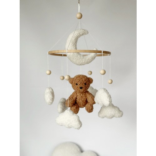 Teddy bear boucle baby mobile Moon and clouds boucle nursery Neutral gender mobile Baby mobile neutral Gift for baby Baby boucle Mobile bear