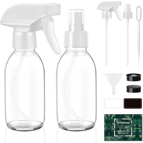 Glass Spray Bottles 4 OZ, Empty Small Spray Bottles 2 Pack for Essential Oils, Cleaning Solutions, Plants, Hair Mister, withDurable Nozzle, Labels, Funnel, Pipettes Clear
