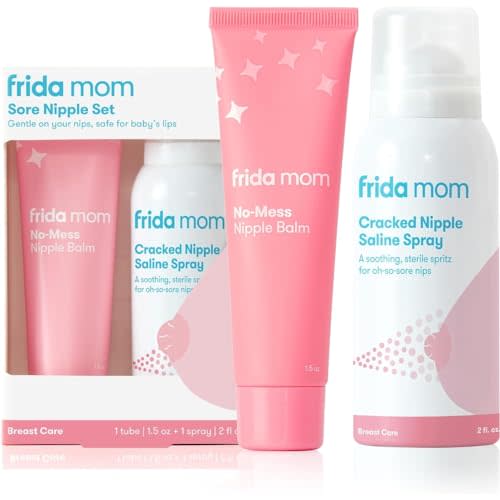 Frida Mom Nipple Cream and Saline Spray Set, Breastfeeding Essentials for New Moms, Cracked Nipple Saline Spray and No-Mess Cream, 2pc Set