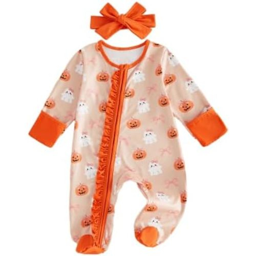 Baby Girl Halloween outfit Pumpkin Ghost Footie Zipper Jumpsuit