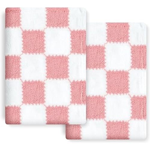 Checkered Baby Blanket for Girls, 2 Pack Soft Baby Girl Blankets, Small 28 x 40 inches Toddler Fleece Blanket, Essentials Crib Stroller Items, Newborn Gift (Pink)