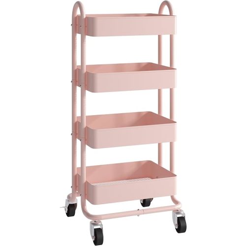 4 Tier Metal Rolling Cart Pink Utility Cart with Wheels,Rolling Pink Cart for Office,Home,Kitchen,Garden（13.4"x18.1"x40"）