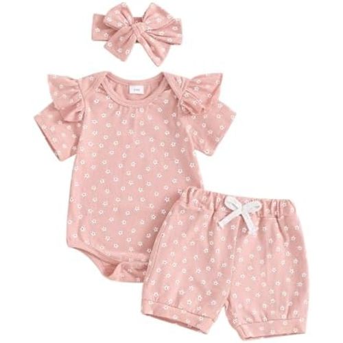 Baby Girl Clothes Summer Knit Ribbed Floral Print Short Sleeve Romper Shorts Headband Outfit Set