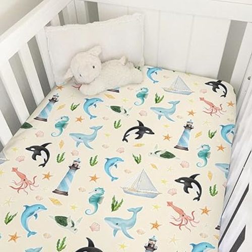 Ocean Animals Corals Sea Weeds Baby Crib Sheet 52''x28'' Colorful Nautical Life Fitted Crib Mattress Covers for Boy Girl Nursery Toddler Baby Bed Sheet Fits Standard Crib Toddler Mattress