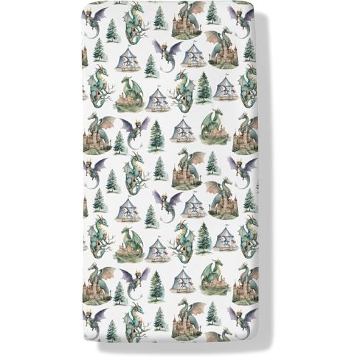 Fantasy Green Dragons Castles Baby Crib Sheets Fairytale Dragons Trees Baby Sheet Magical Animal Fitted Crib Mattress Cover for Standard Toddler Mattress 52''x28''