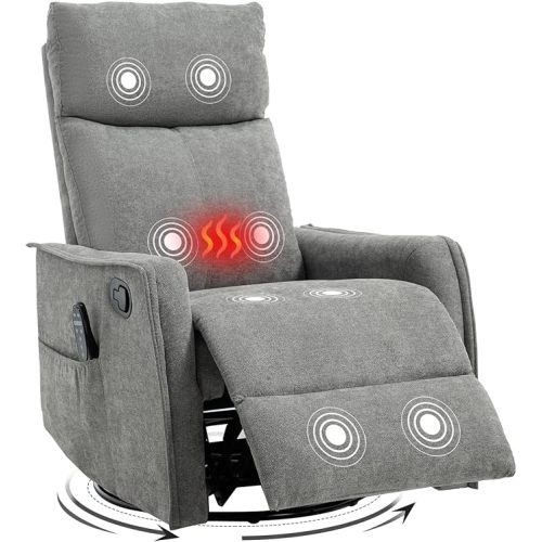 Swivel Rocker Recliner Chair, 360° Swivel Recliner with Heat and Massage, Rocker Recliner Easy to Clean Nursery Glider Recliner Chair with Side Pockets for Living Room Light Grey
