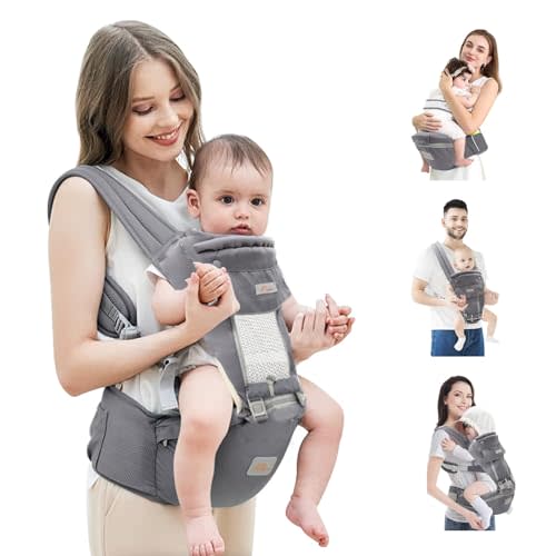 Mumgaroo Baby Carrier with Hip Seat, 6 in 1 Baby Carrier Newborn to Toddler, Adjustable Infant Carrier with Hood, All Seasons & All Position Baby Holder Carrier for Breastfeeding