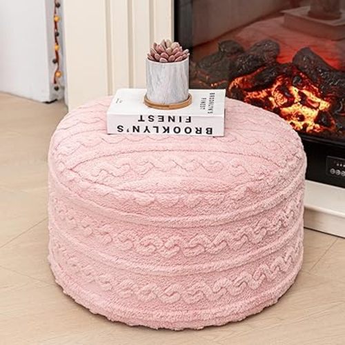 Pouf Ottoman Stuffed 20x20x12 Inches Floor Pouf Plush Fiber Ottoman Foot Rest Under Desk Foot Stool for Living Room Bedroom (Pink)