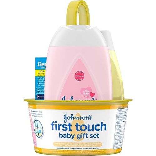 Johnson's First Touch Baby Gift Set, Baby Bath, Skin & Hair Essential Products, Kit for New Parents with Wash & Shampoo, Lotion, & Diaper Rash Cream, Hypoallergenic & Paraben-Free, 4 items