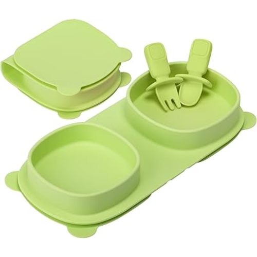 Toddler Plates Travel Essential on the go,Baby Plates with Suction - Forks & Spoons Self Feeding 6 months,Foldable,Silicone,BPA Free,Green