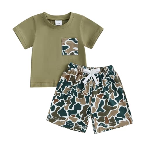 Brvxia Toddler Baby Boy Summer Clothes Duck Print Short Sleeves T-Shirt Elastic Camouflage Shorts 2 Piece Outfit