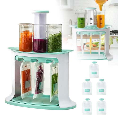 Yolispa Fresh Squeeze Station for Homemade Baby Food and Purees, No Food Splashing, Reusable Fruit Puree Pouch Filling Maker with 5 Portable Bags Pouch Filling Station for Homemade Semi-Solid Food