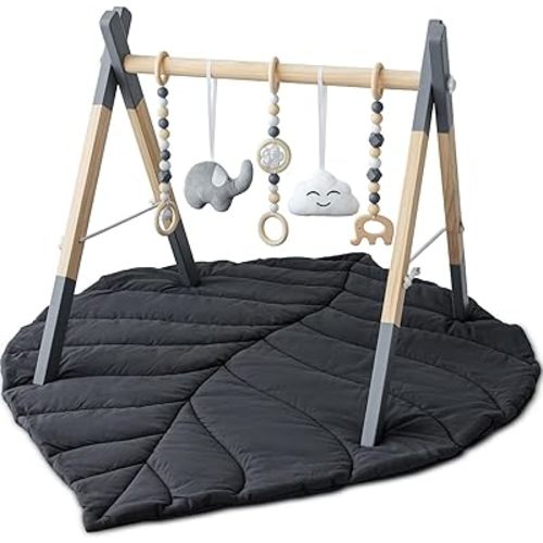 Wooden Baby Play Gym with Mat, Foldable Baby Play Gym Frame Activity Gym Hanging Bar with 5 Gym Baby Toys Playmats for Newborn Baby (Foldable Baby Play Gym with Mat)