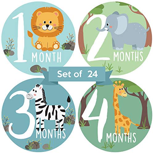 Baby Monthly Stickers - Set of 24 - Zoo Animals Baby Milestone Stickers - Perfect for Newborn Boys or Girls - Month to Month Milestones - Jungle Safari Unisex Gender Neutral Design (Set of 24)