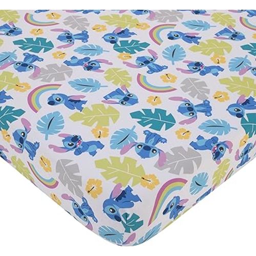 Disney Stitch Blue, Teal, Lime, and White Nursery Fitted Crib Sheet