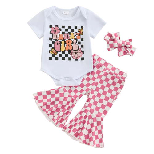 Bagilaanoe 3pcs Newborn Baby Girl Pants Set Short Sleeve Romper Tops + Checkerboard Flare Trousers + Headband 3M 6M 12M 18M Infant Casual Clothes