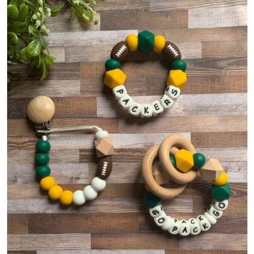 Green Bay Packers Toy Collection - Pacifier Clip - Rattle - Go Pack Go - Baby Packers Toy Rattle - Green - Yellow - Football - Baby Gift