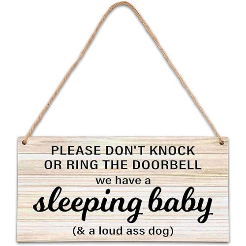 B06 Baby Sleeping Sign - Do Not Knock Or Ring Doorbell, Rustic Hanging Sign For Front Door, Nursery Home Bedroom