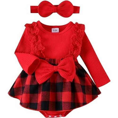 Hnyenmcko Newborn Baby Girl Christmas Clothes Infant Red Plaid Romper Dress Ruffle Long Sleeve Ribbed Bodysuit Headband Set