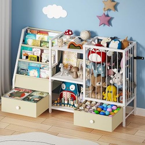Creso hom Kids Bookshelf and Toy Storage, Large Capacity Bookcase with Stuffed Animal Storage, Sling Baby Book Shelf for Kids Rooms, Toddler Bookshelf for Nursery, Kindergarten, Playroom, Beige