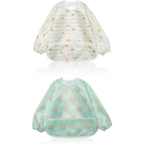 Little Dimsum Mess-Proof Baby Bibs|Infant Toddler Long Sleeve Waterproof Feeding Art Smock|Catching Food & Wipe Clean| Pack of 2 Colors (turtle&sun)