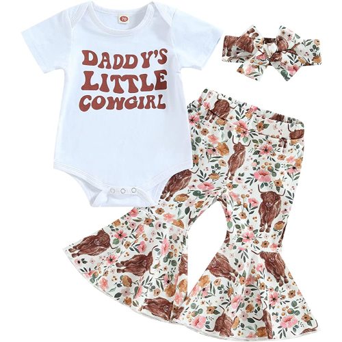 Lamuusaa Western Baby Girl Clothes Short Sleeve Romper Cow Print Flared Pants Bell Bottoms Headband 3Pcs Summer Outfit