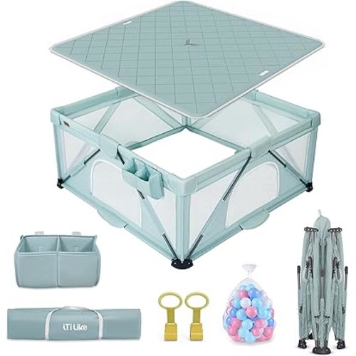 Foldable Baby Playpen, iTiLike Large Playard with Detachable Thicken Mat, Playpen for Babies and Toddlers with Storage Bag, Play Pens with Gate, Indoor & Outdoor Portable Play Yard, Sturdy Baby Fence