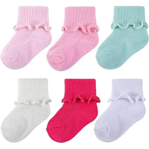 6-12M 6 Pairs Baby Girls Ruffle Socks, Turn Cuff Cotton Infant Ankle Dress Socks for Newborn Toddler Kids